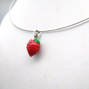 Fun Enamel Strawberry Pendant on Silver Tone Formed Collar Necklace